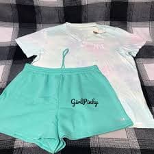 victoria secrets PINK shorts outfit with CAMPUS TIE DYE TEE