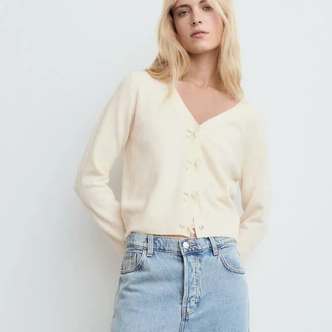 MANGO Women's V-Neck Wool-Blend Cardigan with Bow