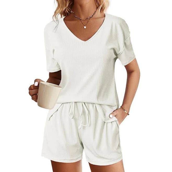 Ekouaer Womens Ribbed Knit Lounge Set Short Sleeve Top and Shorts Sleepwear Pajama Set, Women's, Size: Medium, White