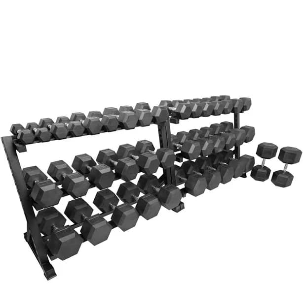 Rubber Hex Dumbbell Sets 5-100 Set (2100 lb) / +1 Three-Tier Rack