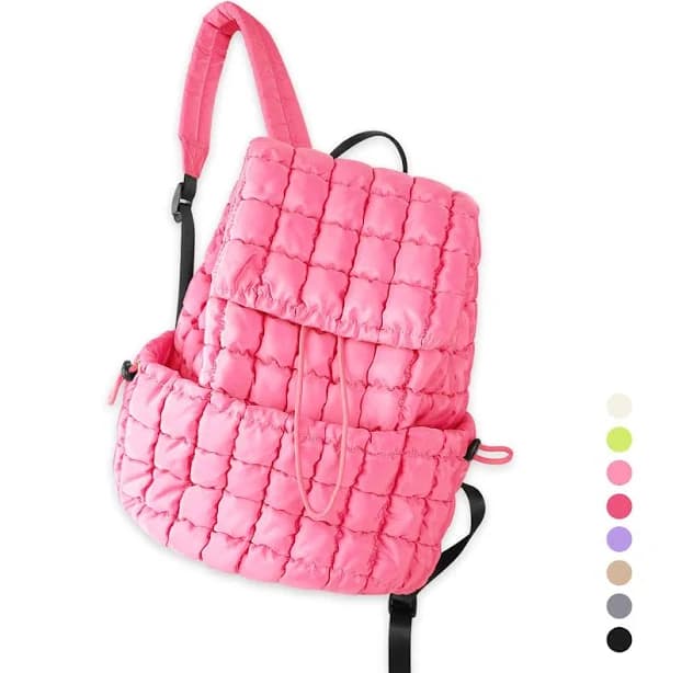 IzuztA Quilted Puffer Backpack for Women, Lightweight Soft Nylon Quilted Hiker Pack Top Flap Drawstring Backpack, Trendy Puffy Padding Gym Travel