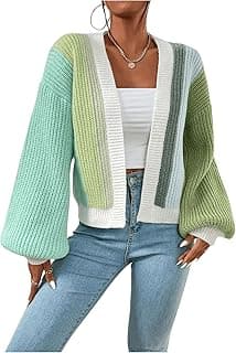 Women's Color Block Open Front Long Sleeve Ribbed Knit Cropped Cardigan Sweaters