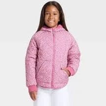 Cat & Jack Girls' Floral Printed Hooded Reversible Puffer, S - Rose Pink