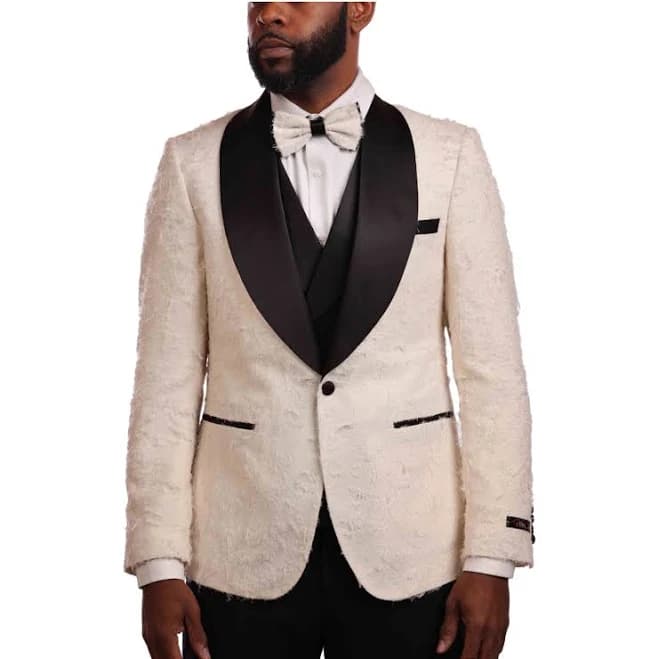 VITALI Men's Cream 3-Piece Modern Fit Tuxedo Suit Textured Formal Satin Lapel
