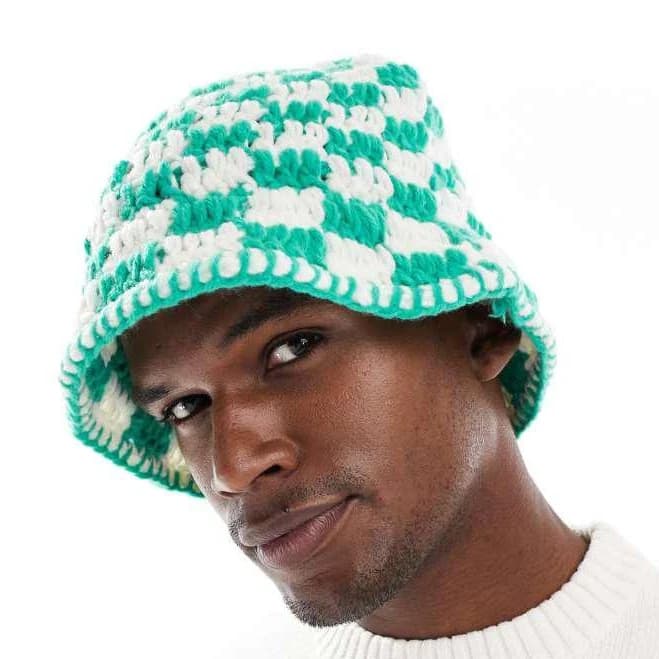 ASOS Design Checkerboard Crochet Bucket Hat