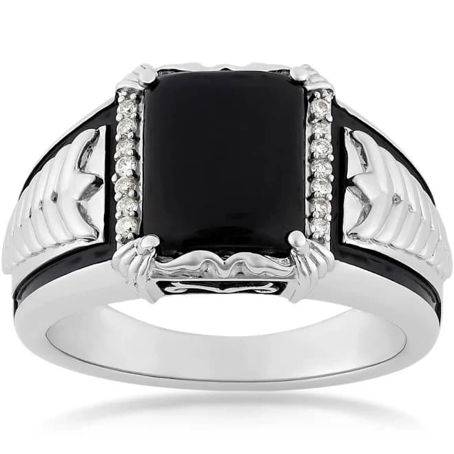 Sterling Silver Rectangle Onyx Braided Enamel Ring for Men