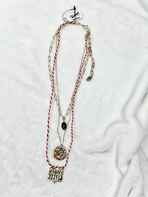 People Lenker Layered Necklace In Red Braided Gold Charm Bohemian