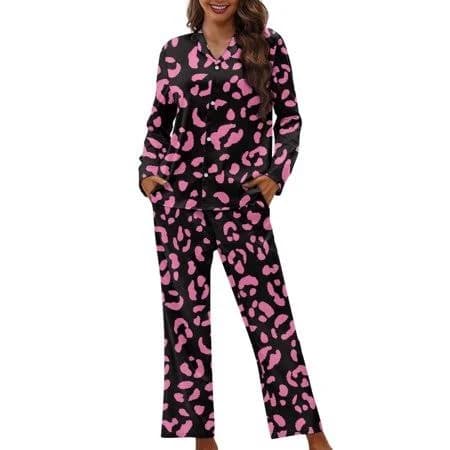 Women's Leopard Print Long Sleeve Button Up Pajama Set