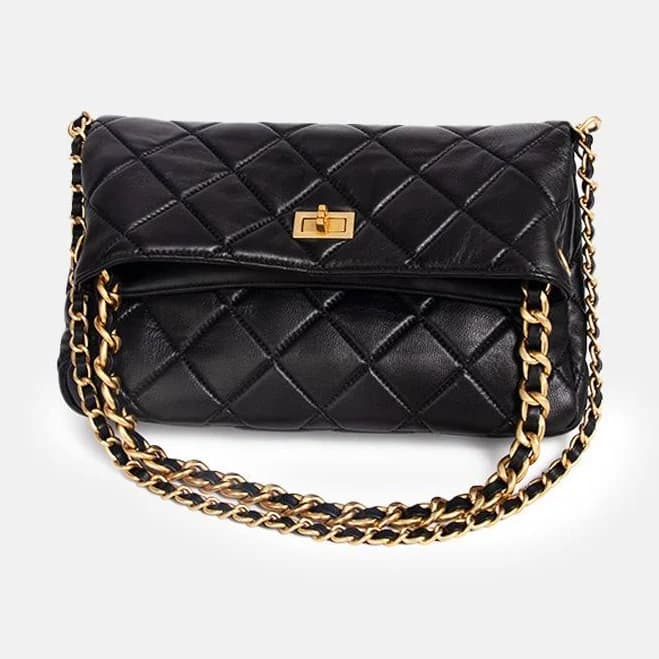 Quilted Genuine Leather Shoulder Bag with Lock Closure