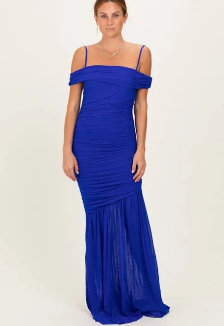 Off Shoulder Ruched Mesh Maxi Dress