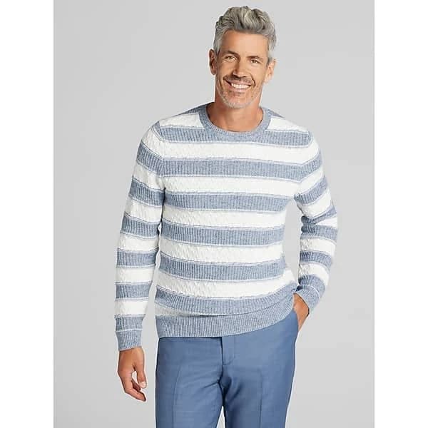 Joseph Abboud Striped Crewneck Sweater in White – Modern Fit Men’s Lightweight Cotton-Blend Pullover, Size Medium