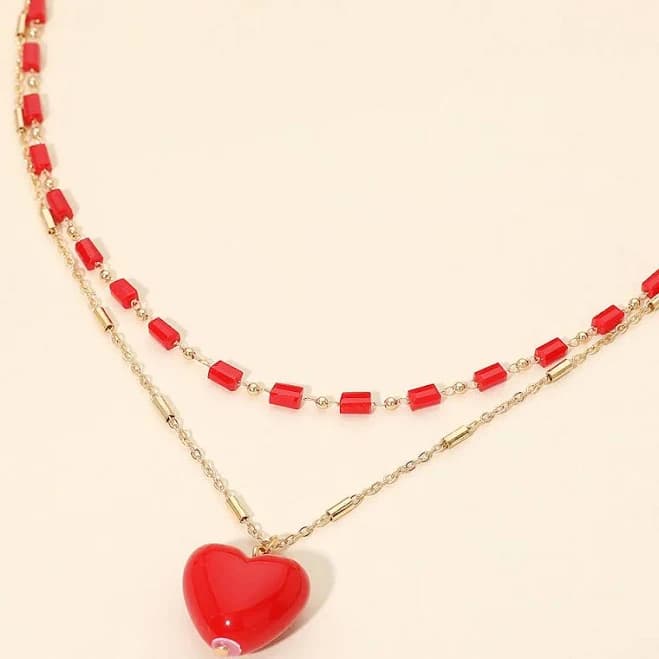 Layered Resin Heart Pendant Necklace with Beaded Chain