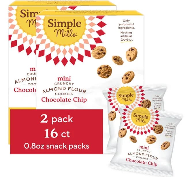 Simple Mills Almond Flour Mini Chocolate Chip Cookie Snack Packs, Healthy Halloween Snacks for Kids, Individual Packs, Gluten Fr