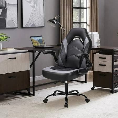 Mcq Gaming Chair PU Leather Office Chair Flip-up Soft Armrest Desk Chair Height Adjustable Computer Chair with Lumbar Support Swivel Chair, Black and