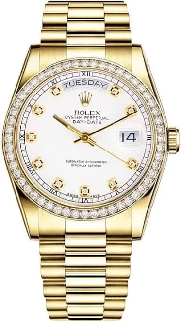 Rolex Day Date President Yellow Gold Factory Diamond Bezel & White Diamond Dial 18348