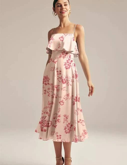 AW.Bridal A-line Square Neckline Tea Length Sleeveless Spaghetti Straps Satin Ruffles Bridesmaid Dresses Dress