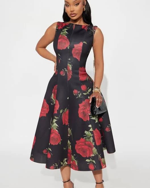 Fashion Nova Sleeveless Scuba Boat Neck Floral Midi Dress