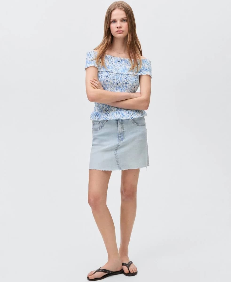 MANGO Teenage Girl Denim Miniskirt with Frayed Hem