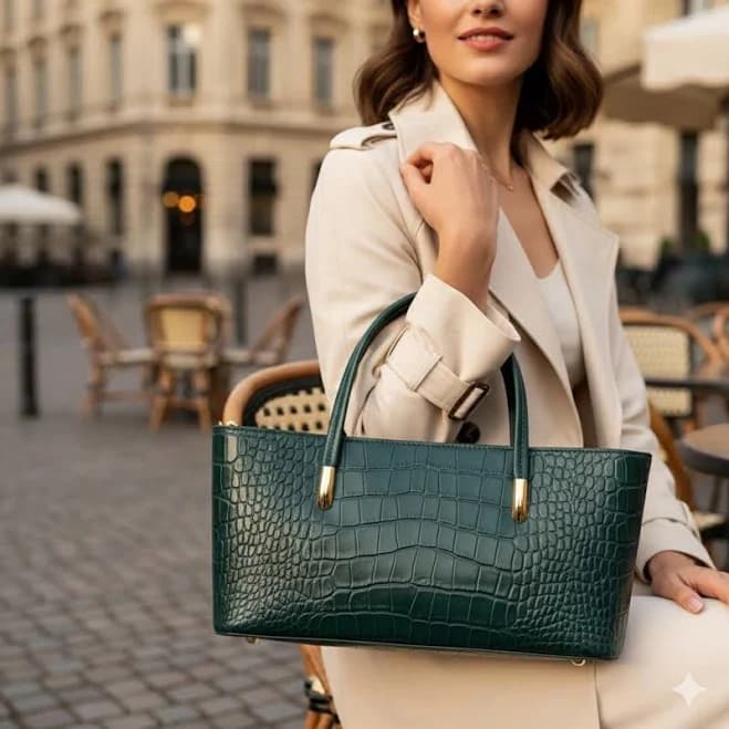 Crocodile Embossed Leather Satchel