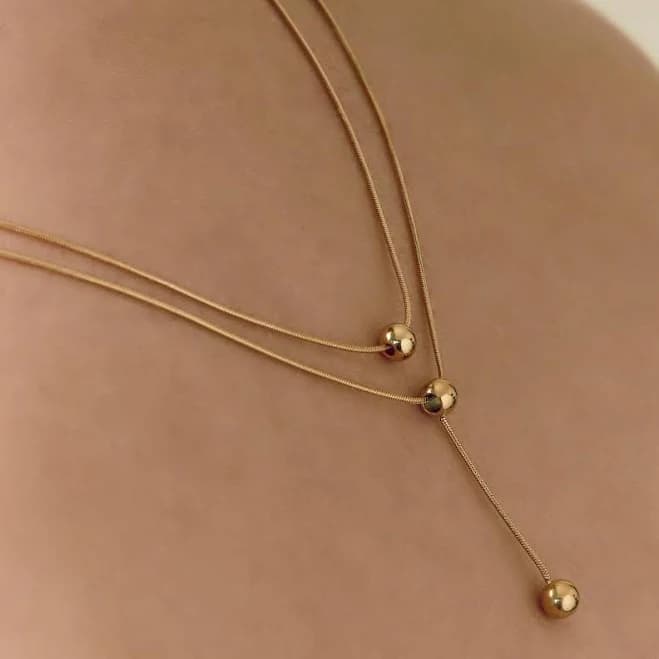 Dainty Minimalist Double Chain Beaded Ball Pendant Necklace