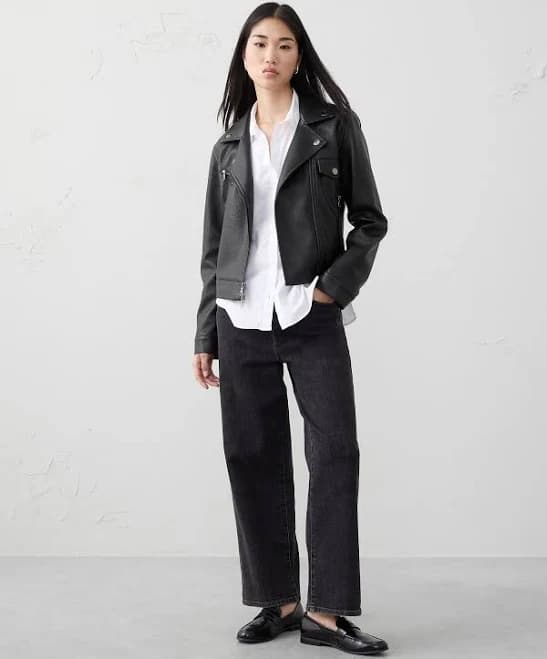 Women's Vegan Leather Cropped Moto Jacket Black Regular Size S