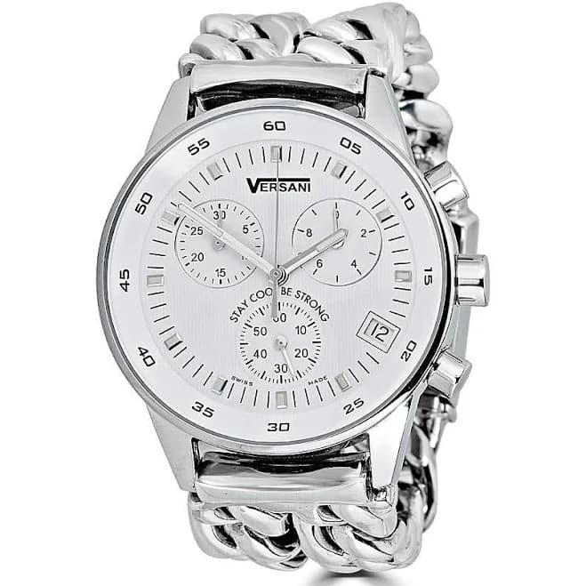 Sterling Silver Chronograph Watch with Double Chain Bracelet