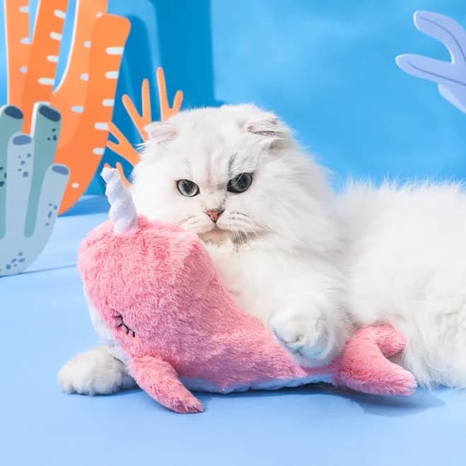 EYS Narwhal Unicorn Whale Flop Jump Interactive Plush Cat Toy with Catnip