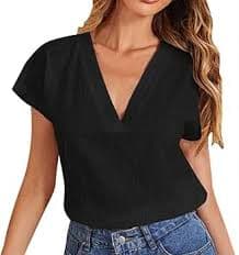 V Neck T Shirts for Women Short Sleeve Solid Linen Shirts Summer Oversized Beach Vacation Relaxed Style Tees Black at Amazon Women's Clothing store