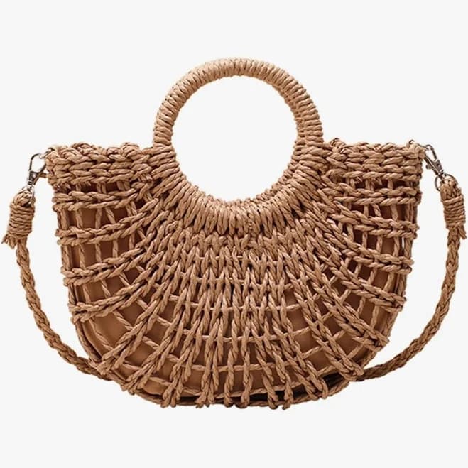 Women's Hand-woven Straw Top-Handle Bag with Round Ring Handle