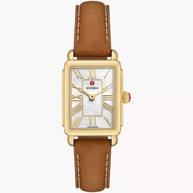MICHELE Deco Park 18K Gold-Plated Leather Watch