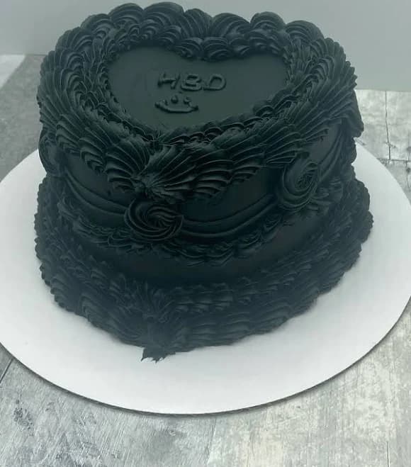 All Black Vintage Heart Shaped Cake – Modern Custom Buttercream Birthday Celebration
