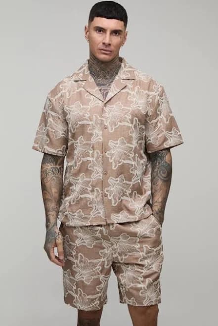 boohooMAN Men's Tall Floral Embroidered Revere Shirt & Short Set