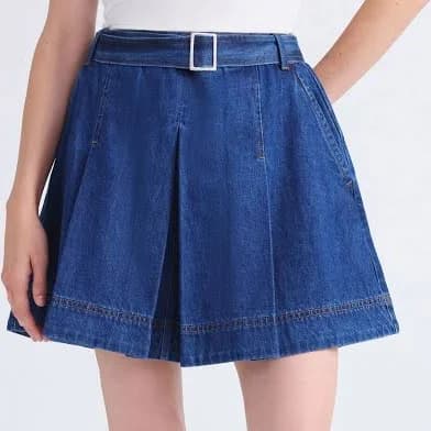 Free Assembly Women's Pleated Denim Mini Skirt with Belt
