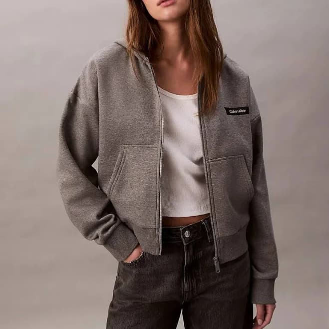 Calvin Klein Women's Fleece Logo Relaxed Zip Hoodie In Gray