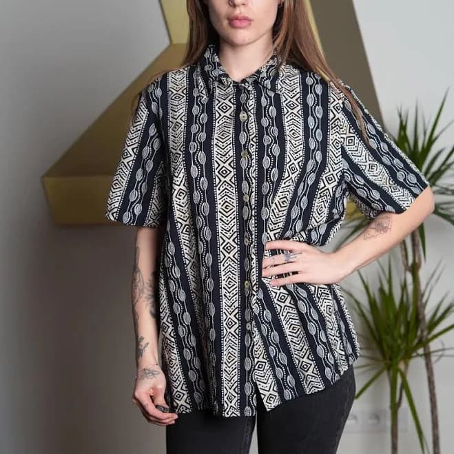 Vintage 90s Tribal Geometric Button-Up Blouse