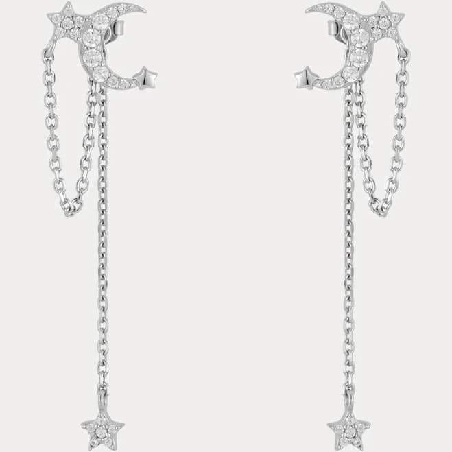 Selenichast White Gold Moon and Star Drop Earrings