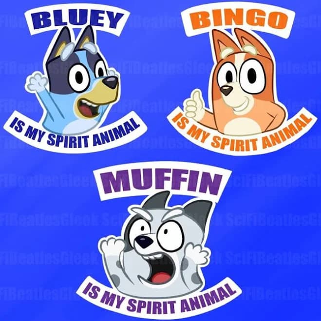 Bluey Inspired Spirit Animal Stickers | Digitally Hand Drawn, Vinyl Die Cut Stickers | Bluey, Bingo, & Muffin