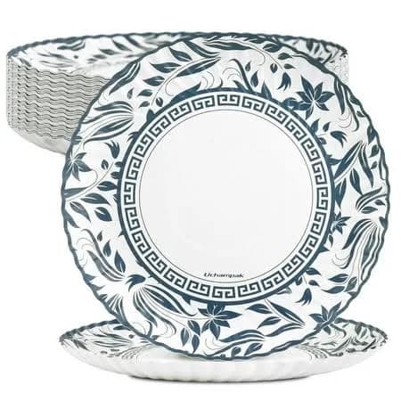 Blue Floral Paper Plates 8.5 Inch, 50 Pcs Disposable Vintage Plates, Soak Proof, Cut Proof, Microwave Safe Heavy Duty Paper Plates for Parties & Daily