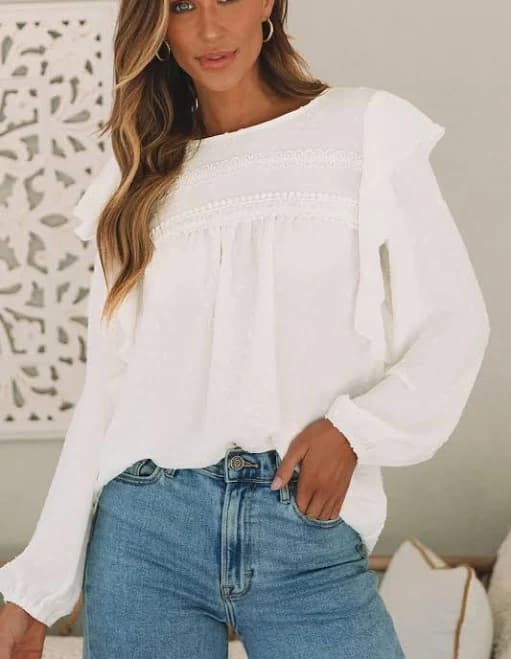 Lace Eyelet Ruffle Shoulder Long Sleeve Blouse