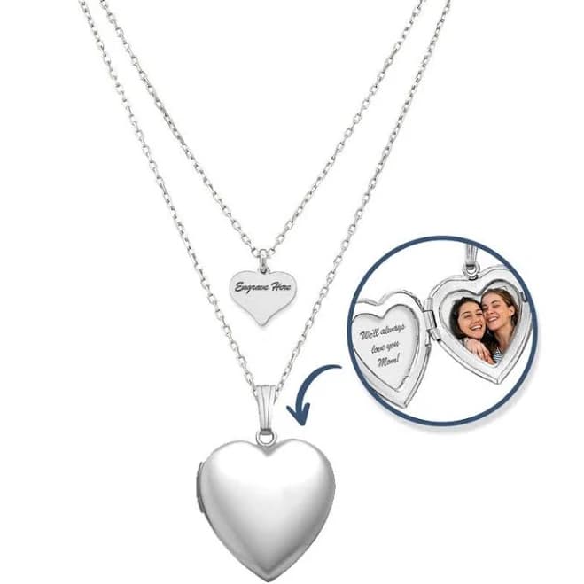 Sterling Silver Heart Photo Locket Necklace Set