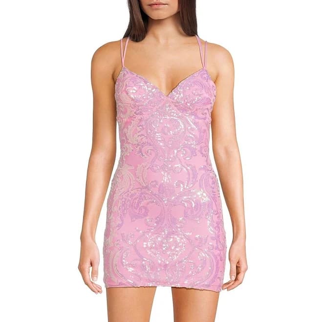 B. Darlin Women's Sequin V-Neck Double Strap Lace Up Back Bodycon Dress