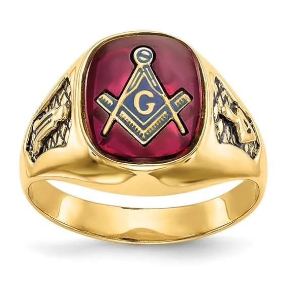 14kt Yellow Gold Masonic Ring with Red Oblong Stone
