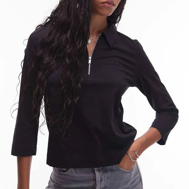 ARKET Jersey Rib Polo Top with Zip Collar and 3/4 Length Sleeves