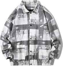 Vsadsau Men Grid Printing Autumn Jacket Turn-Down Collar Vintage Cotton Jackets Casual Oversized Coats Gray M at Amazon Men's Clothing store