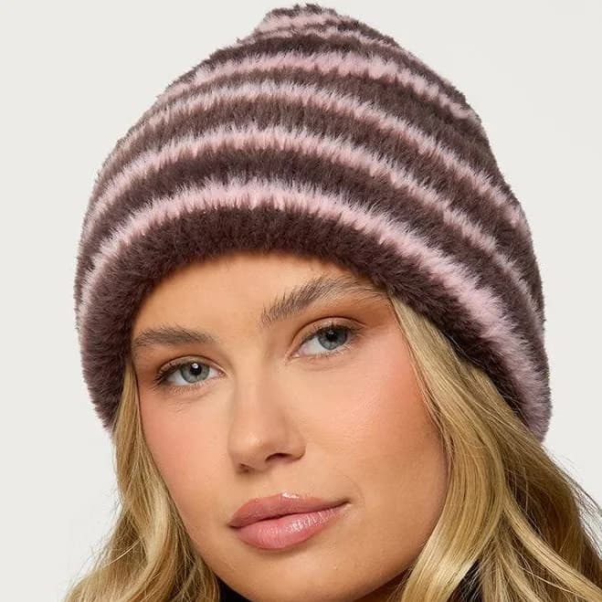 Fuzzy Knit Striped Beanie