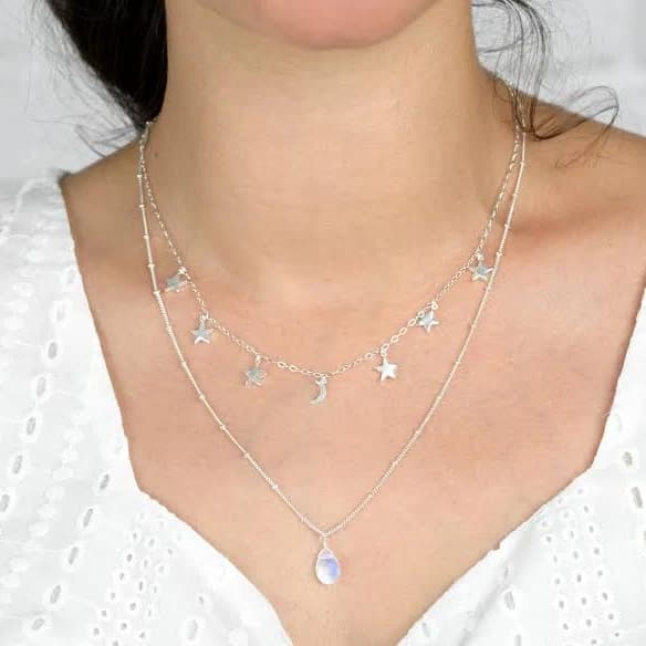 Sterling Silver Boho Moonstone Stars and Moon Pendant Charm Necklace