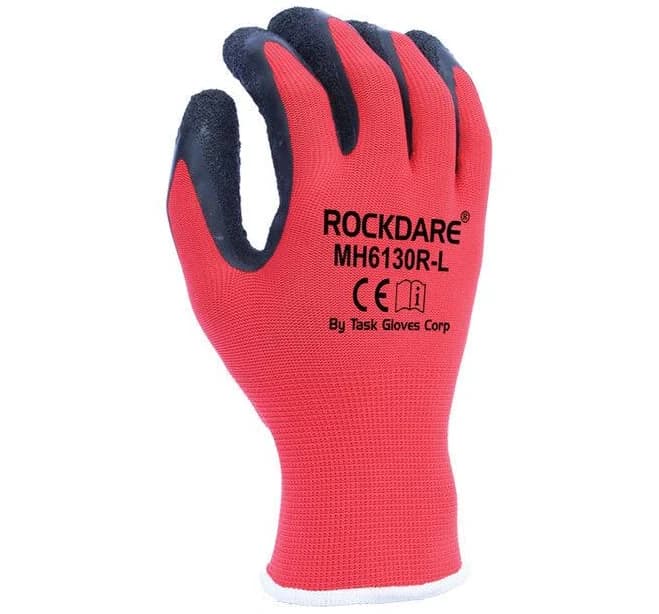 TASK GLOVES TASK GLOVES - 13 Gauge Red Gloves, Polyester shell, Black Crinkle Latex palm coated - Quantity 12 Pair