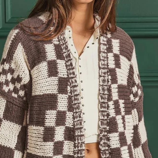 Checkered Open Front Long Sleeve Cardigan