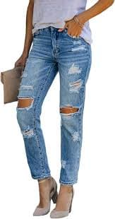 cffvdiz Women's Slims Straight Leg Jean Mid Waist Ripped Hole Boyfriend Jeans Ankle Jeans Denim Pants,Blue,S at Amazon Women's Clothing store