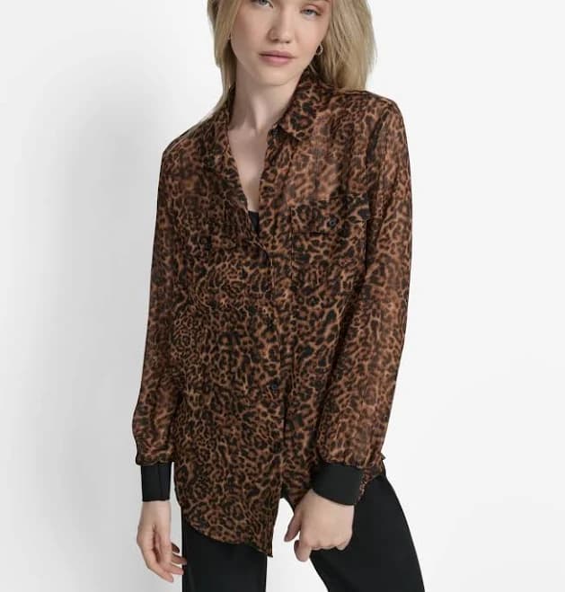 DKNY Women's Floral Print Long-Sleeve Chiffon Shirt
